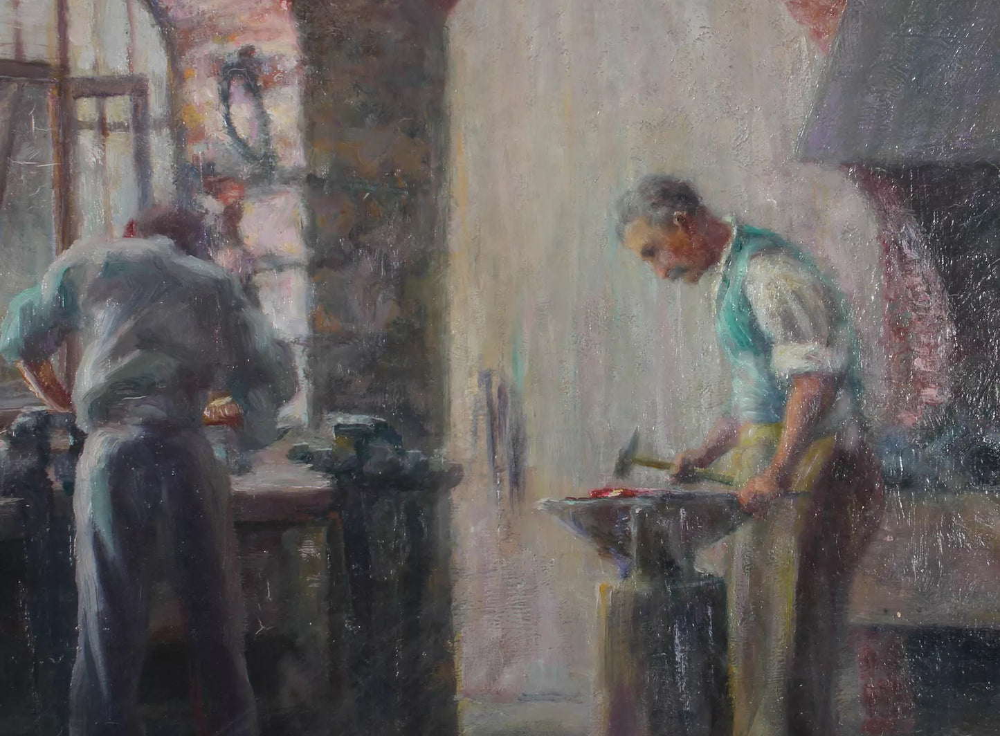 art-decoration-tableau-peinture-huile-panneau-scene-vie-atelier-forgerons