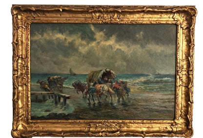 Tableau ancien huile origine tempête sauvage côte mer avec chevaux wagons Ecosse signé