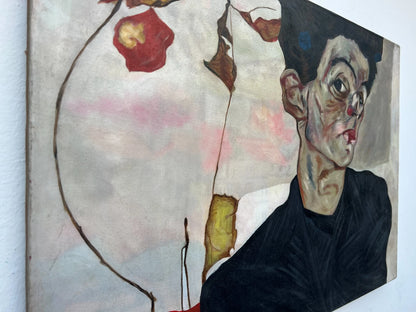 art-decoration-tableau-peinture-huile-toile-moderne-portrait-jeune-homme-habit-noir-d'apres Egon Schiele
