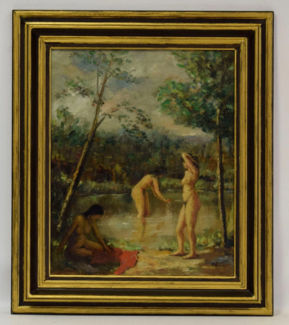 Vers 1880-1900 Tableau ancien, Femmes qui se baignent, huile sur toile, 80 x 69,5 cm