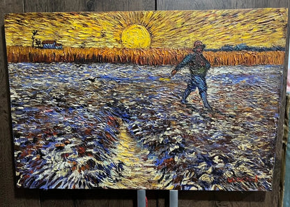 art-decoration-tableau-peinture-huile-toile-scene-campagne-semeur-champ-soleil-d'apres Van Gogh