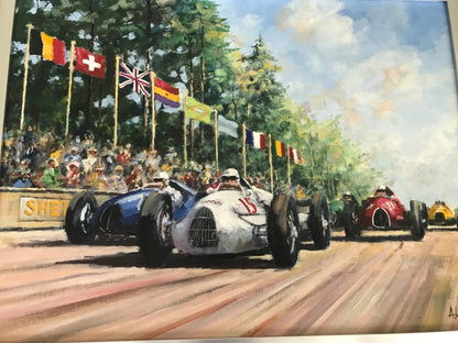 PANNEAU HUILE SUR TOILE SIGNÉ ALAN KING BERND ROSEMEYER 1937 V16 AUTO UNION