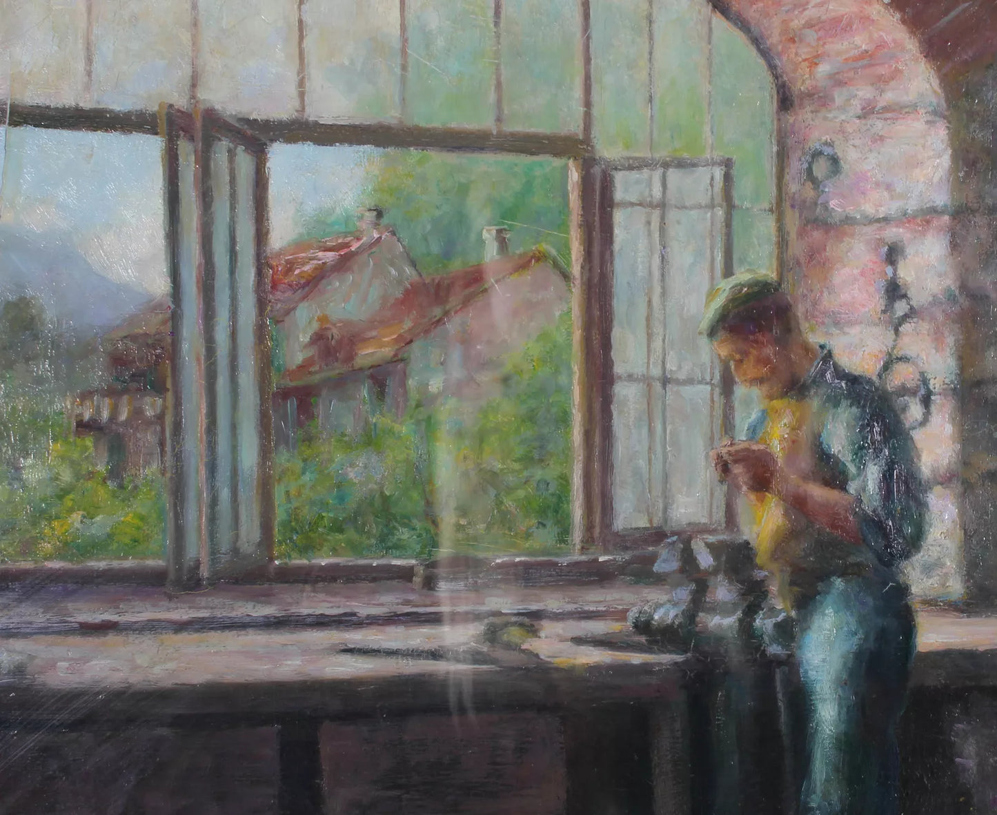 art-decoration-tableau-peinture-huile-panneau-scene-vie-atelier-forgerons