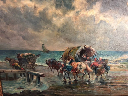 Tableau ancien huile origine tempête sauvage côte mer avec chevaux wagons Ecosse signé