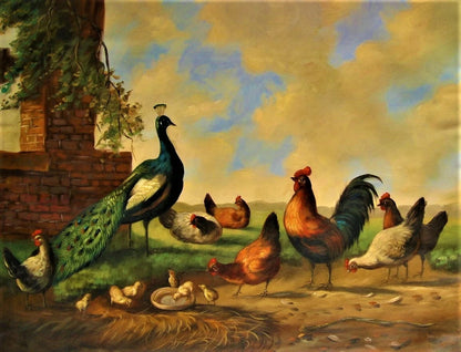 art-decoration-tableau-peinture-huile-toile-animal-paon-volaille