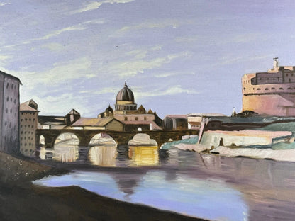 art-decoration-tableau-peinture-huile-toile-paysage-riviere-pont-chateau-italie