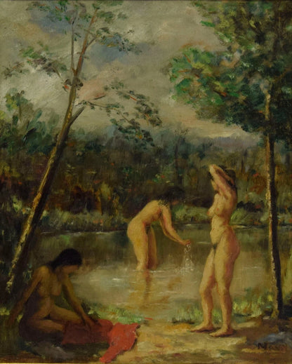 Vers 1880-1900 Tableau ancien, Femmes qui se baignent, huile sur toile, 80 x 69,5 cm