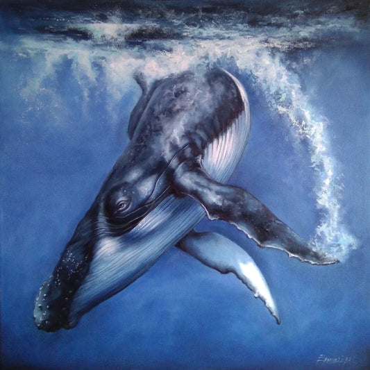 Grande huile de baleine à bosse peinture originale océan mer oeuvre d'art sous l'eau