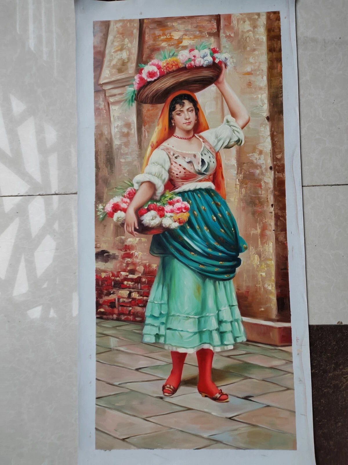 art-decoration-tableau-peinture-huile-toile-portrait-feminin-femme-marchande-fleurs