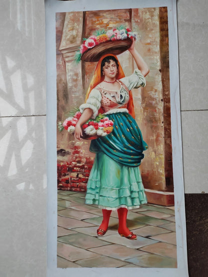art-decoration-tableau-peinture-huile-toile-portrait-feminin-femme-marchande-fleurs