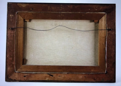 Tableau ancien huile origine tempête sauvage côte mer avec chevaux wagons Ecosse signé