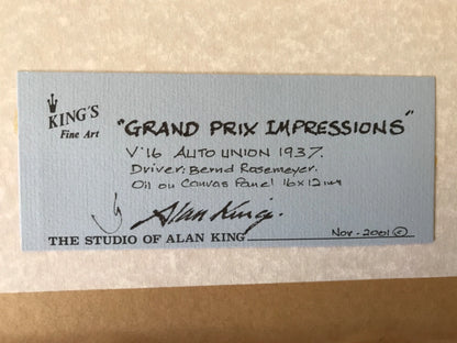 PANNEAU HUILE SUR TOILE SIGNÉ ALAN KING BERND ROSEMEYER 1937 V16 AUTO UNION