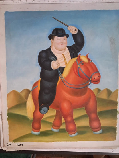 art-decoration-tableau-peinture-huile-toile-portrait-homme-cavalier-cheval-d'apres Botero