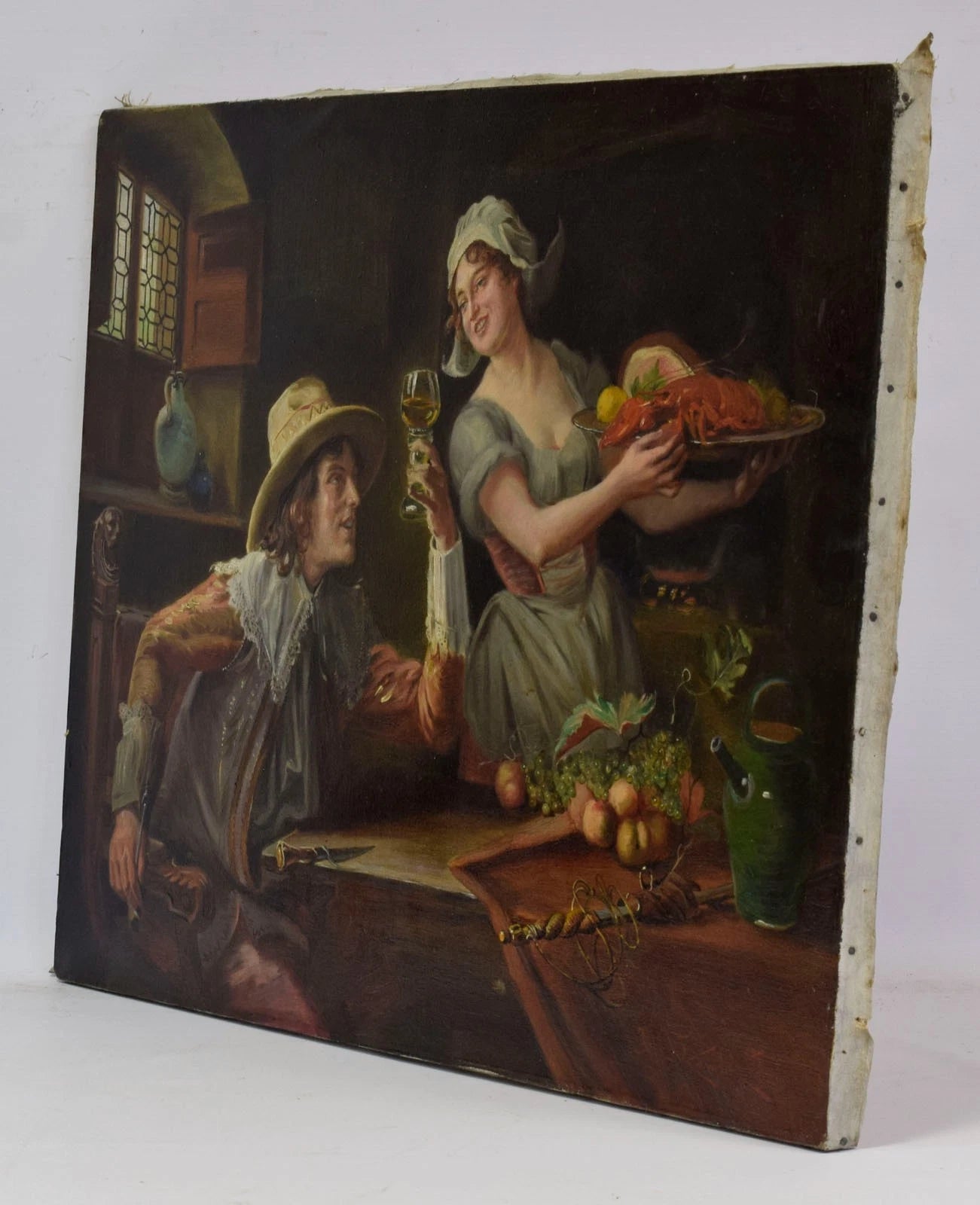 moitié 20. Jh. Tableau ancien, scène de genre dans une taverne, huile, 75 x 56 cm