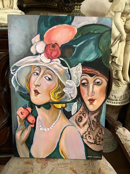 art-decoration-tableau-peinture-huile-toile-moderne-portrait-feminin-femmes-chapeau