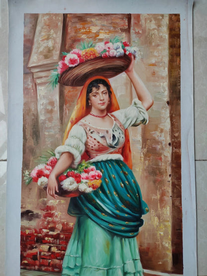 art-decoration-tableau-peinture-huile-toile-portrait-feminin-femme-marchande-fleurs