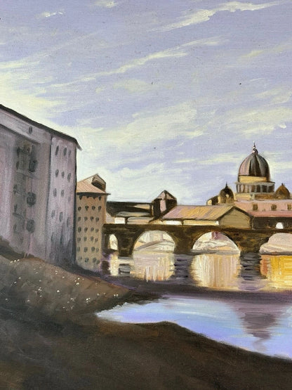 art-decoration-tableau-peinture-huile-toile-paysage-riviere-pont-chateau-italie