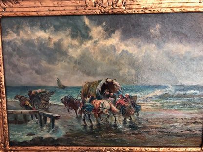 Tableau ancien huile origine tempête sauvage côte mer avec chevaux wagons Ecosse signé