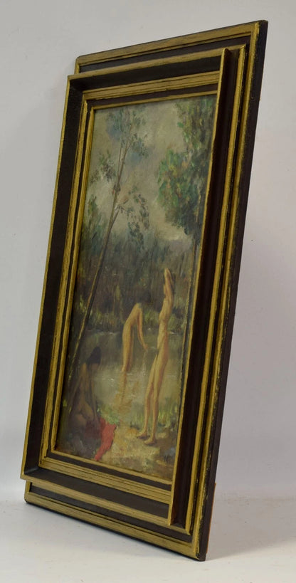 Vers 1880-1900 Tableau ancien, Femmes qui se baignent, huile sur toile, 80 x 69,5 cm