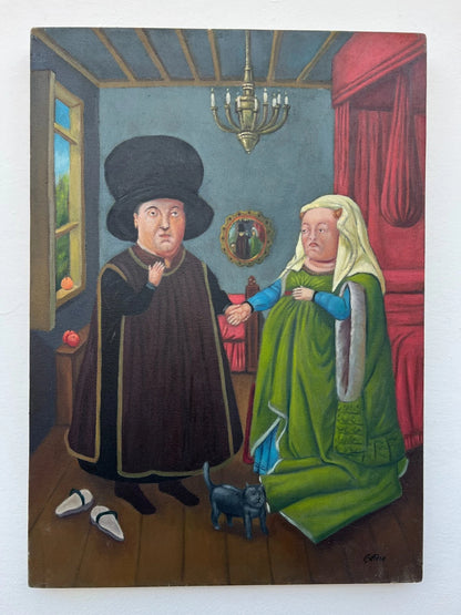 art-decoration-tableau-peinture-huile-toile-scene-medievale-personnages-d'apres Botero