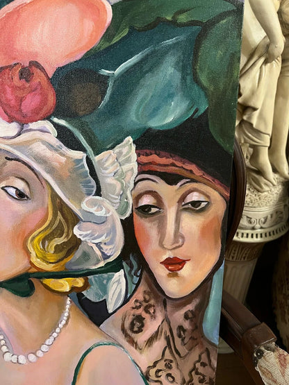 art-decoration-tableau-peinture-huile-toile-moderne-portrait-feminin-femmes-chapeau