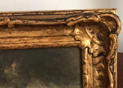 Tableau ancien huile origine tempête sauvage côte mer avec chevaux wagons Ecosse signé