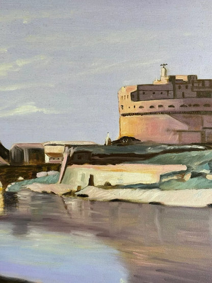 art-decoration-tableau-peinture-huile-toile-paysage-riviere-pont-chateau-italie