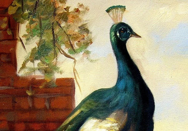 art-decoration-tableau-peinture-huile-toile-animal-paon-volaille
