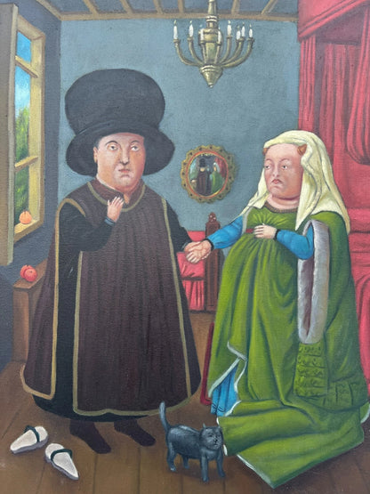 art-decoration-tableau-peinture-huile-toile-scene-medievale-personnages-d'apres Botero