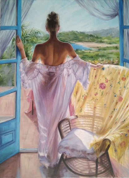 Grande peinture à l'huile sur toile romantique femme du matin près de la fenêtre