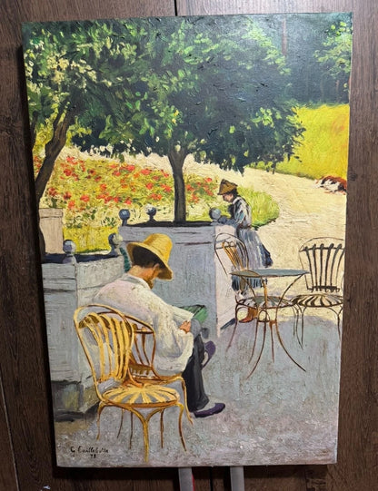art-decoration-tableau-peinture-huile-toile-scene-vie-homme-lisant-journal-parc-d'après Gustave Caillebotte
