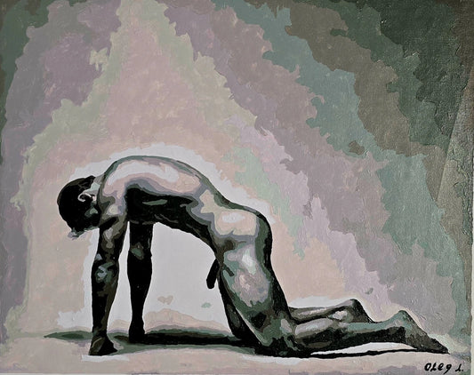 art-decoration-erotique-tableau-peinture-huile-toile-homme-nu-integrale-APRÈS LA CHUTE