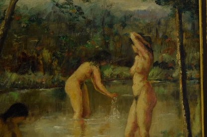 Vers 1880-1900 Tableau ancien, Femmes qui se baignent, huile sur toile, 80 x 69,5 cm