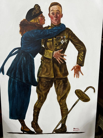 art-decoration-tableau-peinture-huile-toile--scene-genre-personnages-retour-soldat