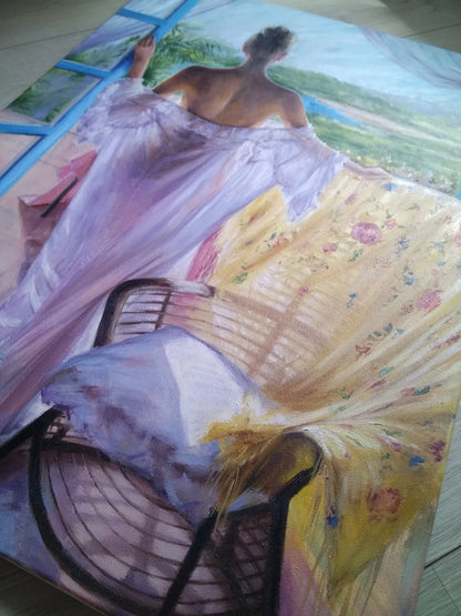 Grande peinture à l'huile sur toile romantique femme du matin près de la fenêtre