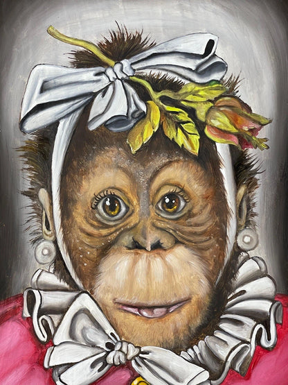 Tableau huile sur bois-d'après Donald Roller Wilson- fille-singe