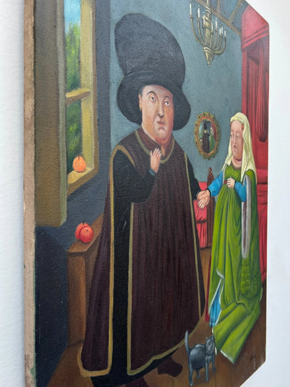 art-decoration-tableau-peinture-huile-toile-scene-medievale-personnages-d'apres Botero