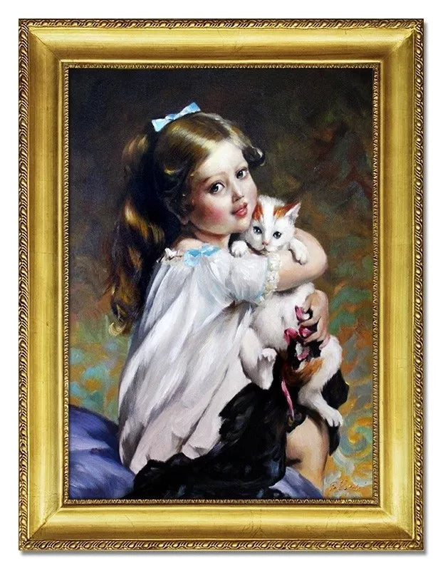 Little girl with a kitten - 84x64cm Hand painted oil painting on canvas framed