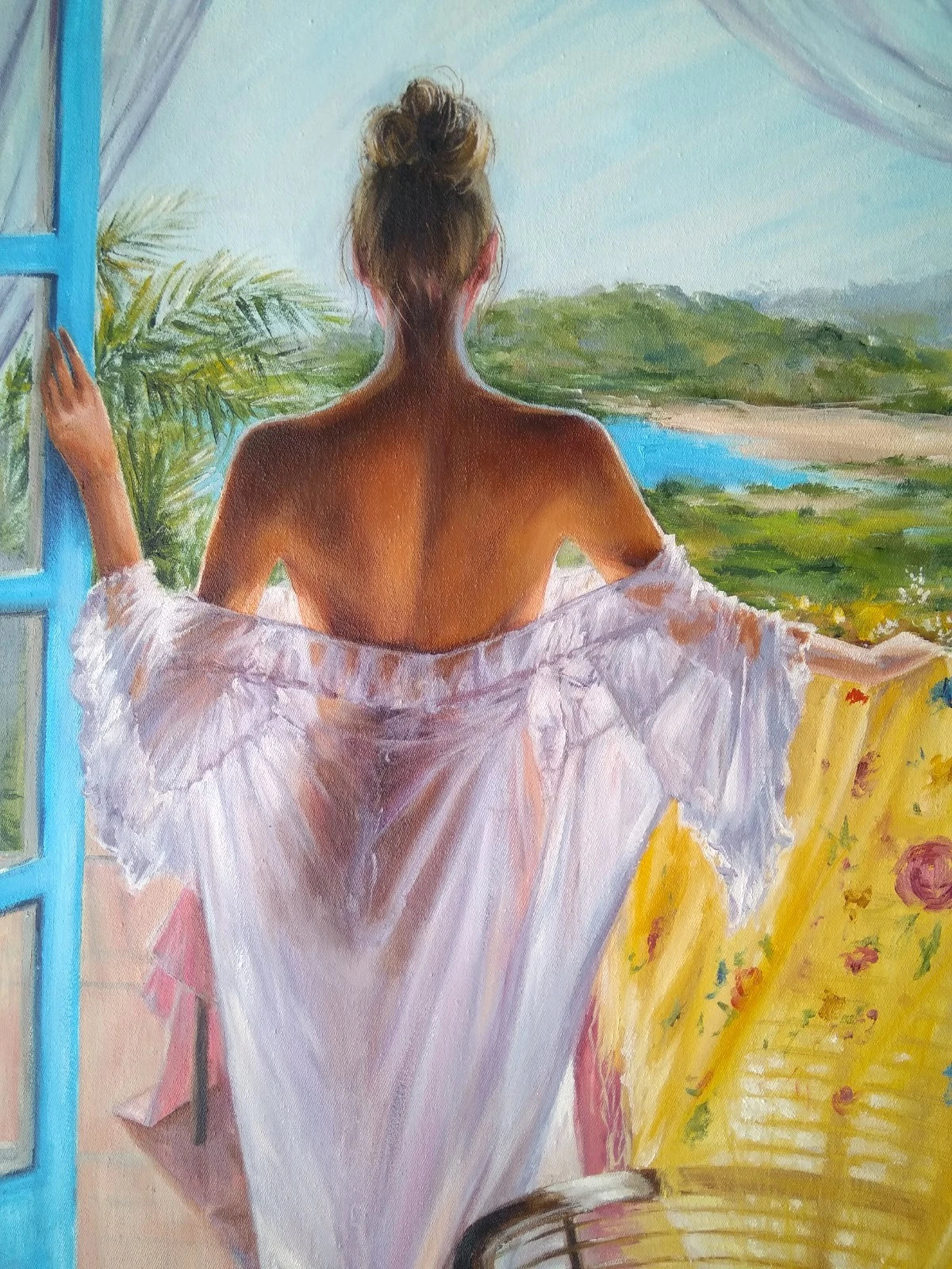 Grande peinture à l'huile sur toile romantique femme du matin près de la fenêtre