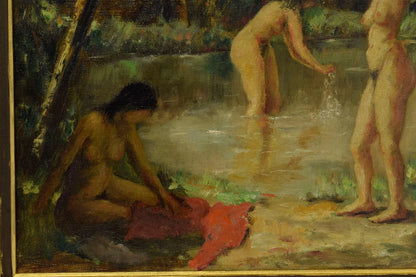 Vers 1880-1900 Tableau ancien, Femmes qui se baignent, huile sur toile, 80 x 69,5 cm
