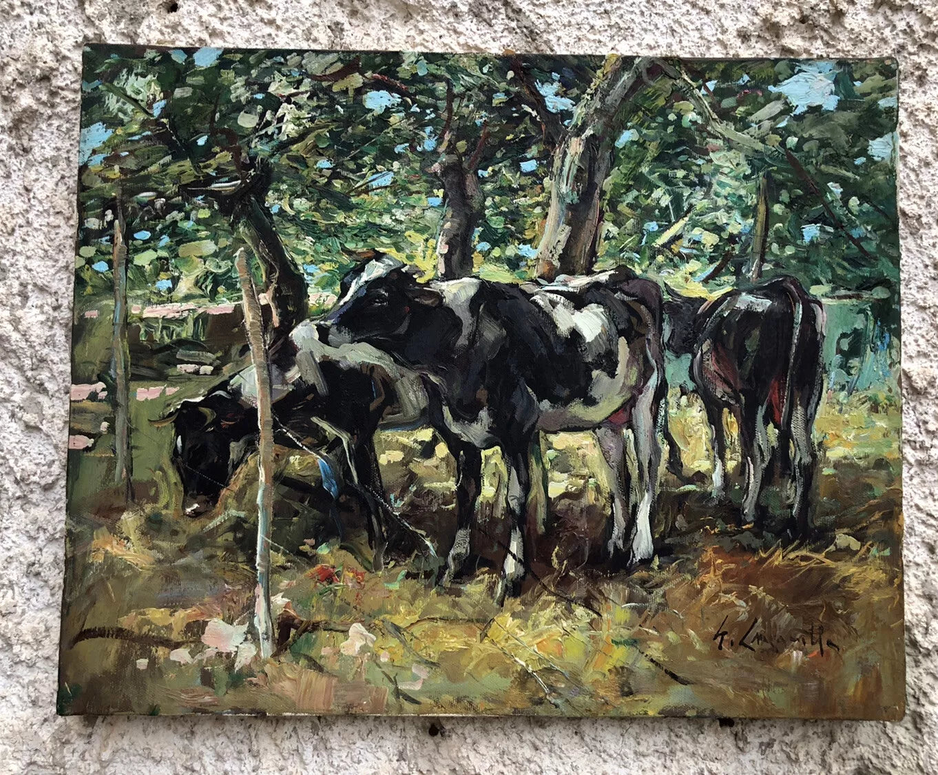 paysage Peinture à l'huile sur toile "vaches" campagne