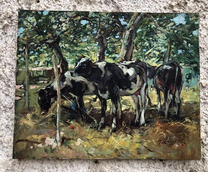 paysage Peinture à l'huile sur toile "vaches" campagne