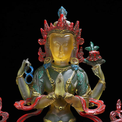 Ancienne statue chinoise en verre émaillé de Pékin sculpté à quatre bras Avalokiteshvara
