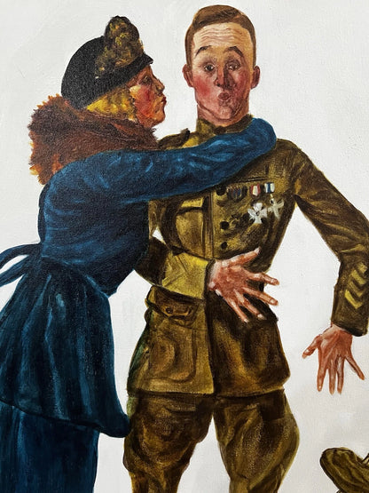 art-decoration-tableau-peinture-huile-toile--scene-genre-personnages-retour-soldat