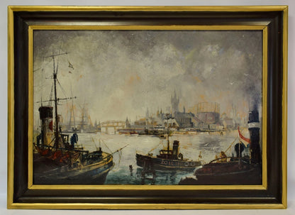 1900-1930 Tableau ancien Port de Hambourg, signé Johannes Kuhn, huile 117,5x86cm