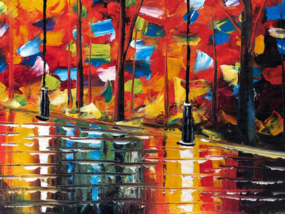 art-decoration-tableau-peinture-huile-toile-paysage-moderne-coloré-rue-nuit-pluie-banc