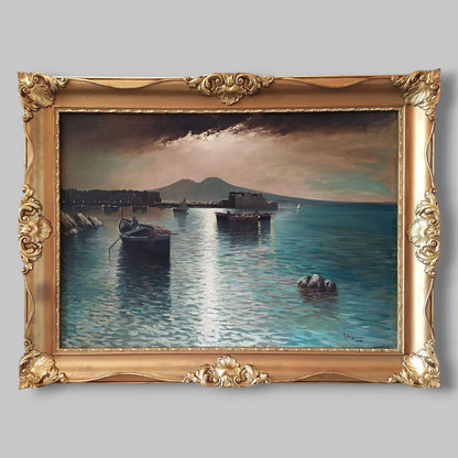 Paysage Nocturne Baie de Naples Marina Grande Peinture à Huile Années 50 signée