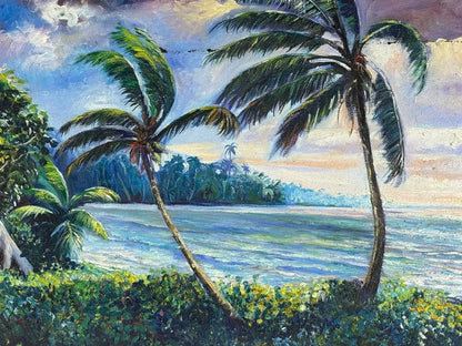 art-decoration-tableau-peinture-huile-toile-paysage-marin-cocotier-plage