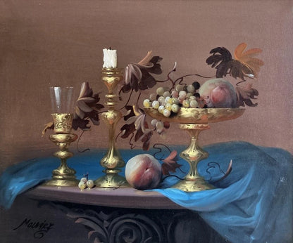art-decoration-tableau-peinture-huile-toile-nature-morte-fruits-peche-raisin