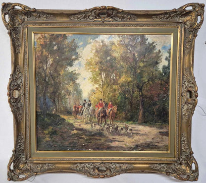 art-scene-personnages-chasse-chevaux-chiens-peinture-huile-toile